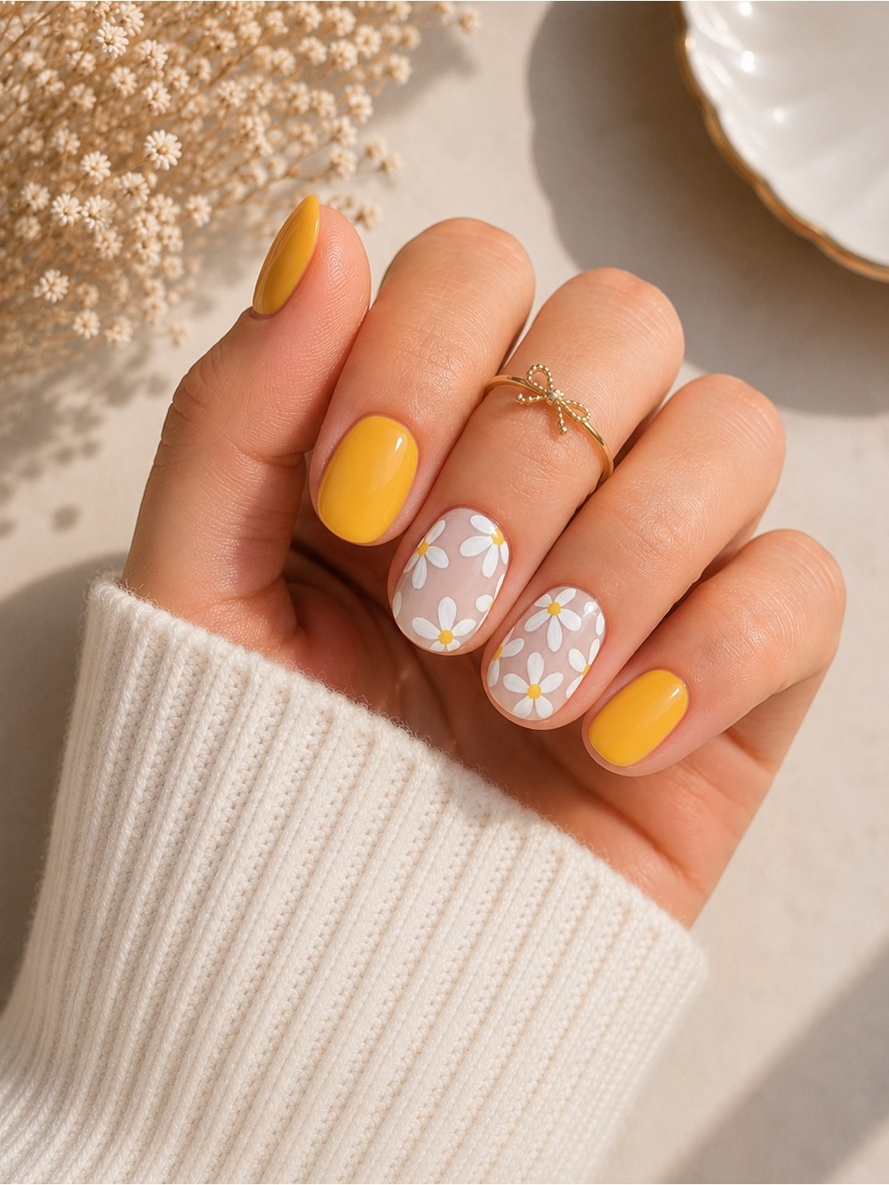 🌼 Yellow Daisy Press-On Nails | Short Square Glossy Nails